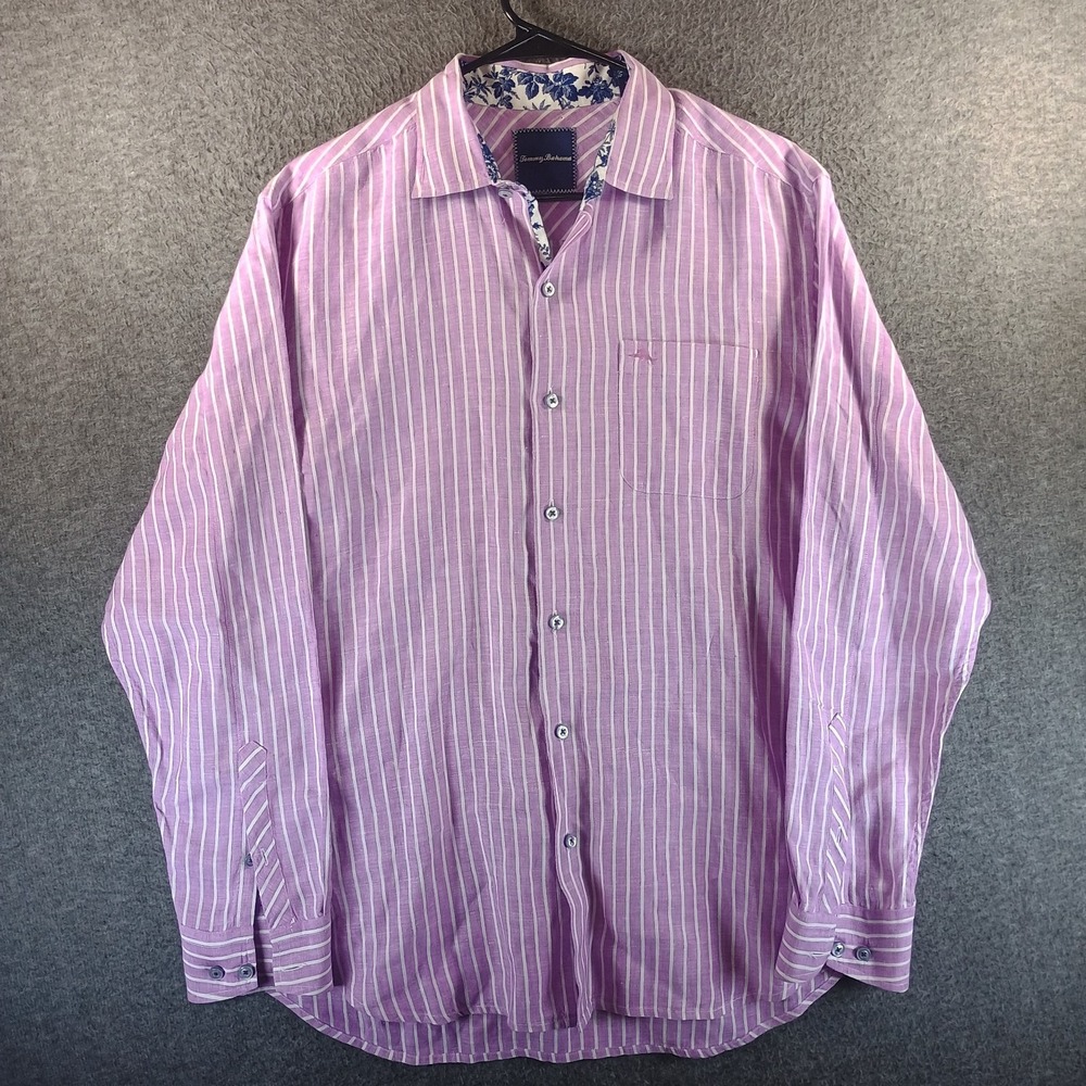 Tommy Bahama Paradise Breezer Linen Shirt Men M Pink Striped Long Sleeve